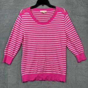Banana Republic Petite Striped Sweater Pink 3/4 Sleeve Button Shoulder Size L
